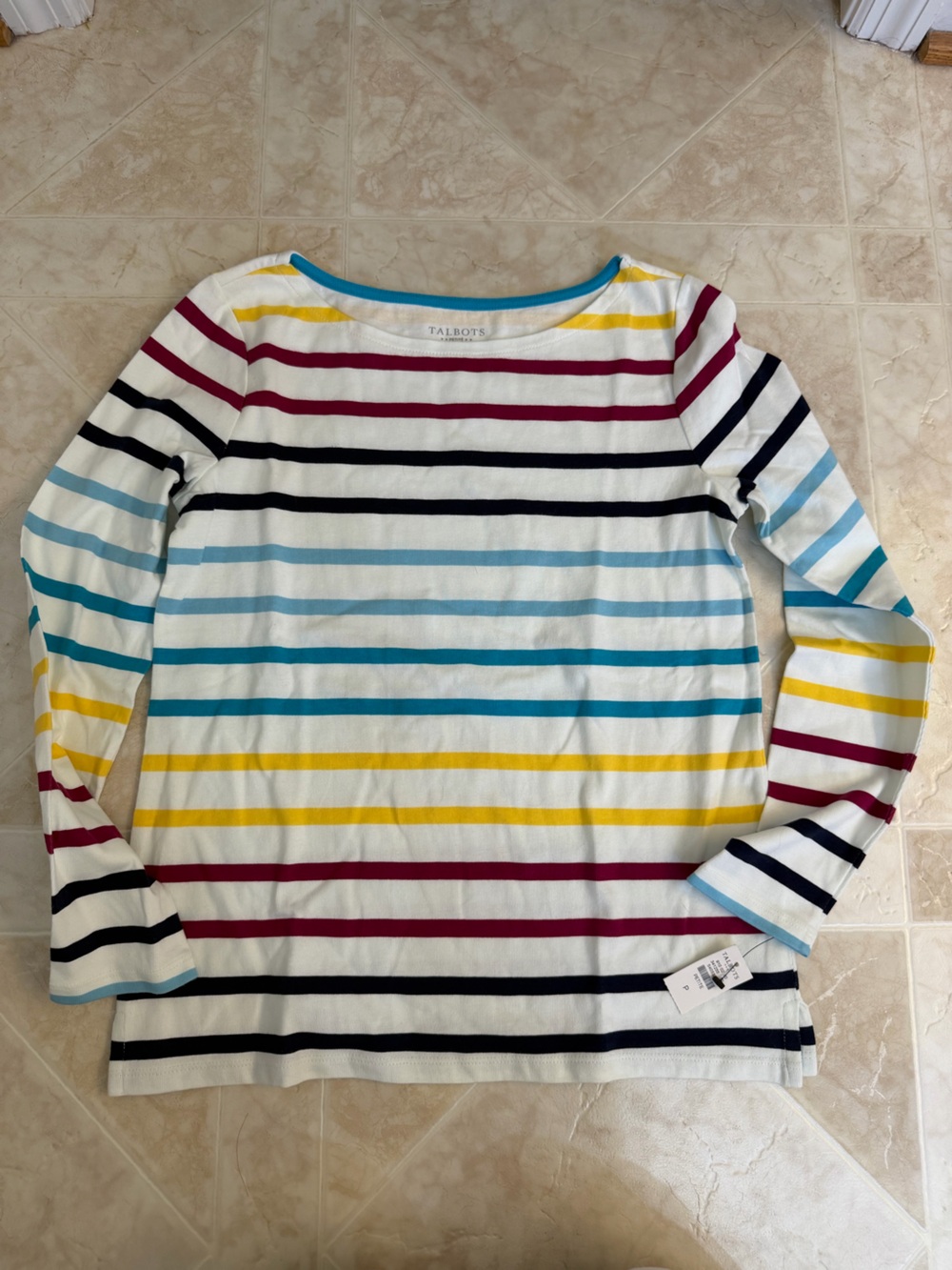Talbots White Top with Yellow, Teal, Light Blue, Navy & Burgundy Stripes